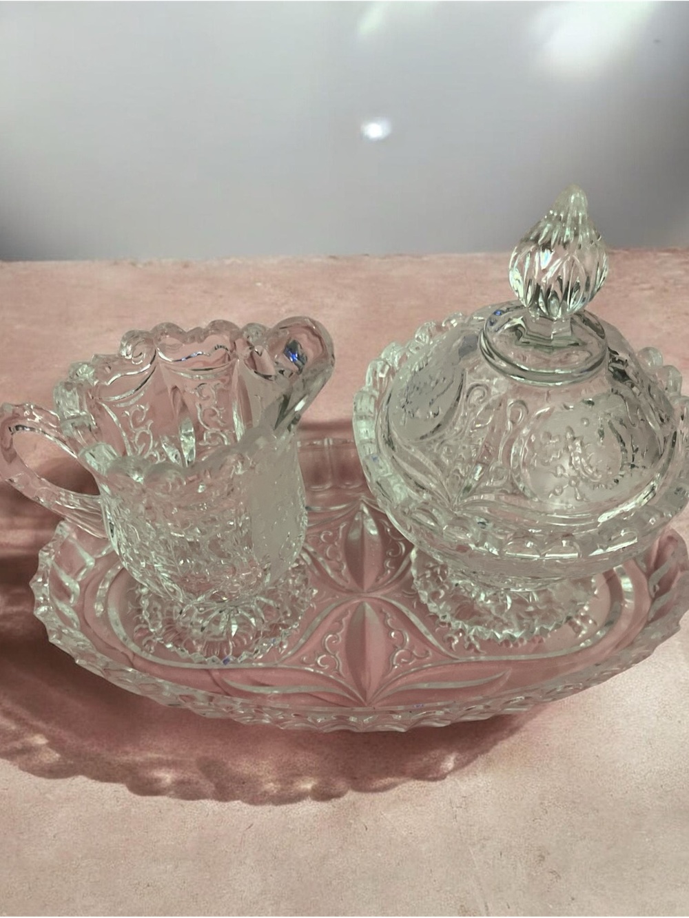 New Vintage Heavy Glass Etched Dragon Intricate Creamer Sugar Tray Set